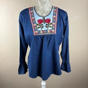 Vintage Cache Denim Embroidered Floral Boho Hippie Blouse Women’s Size Medium